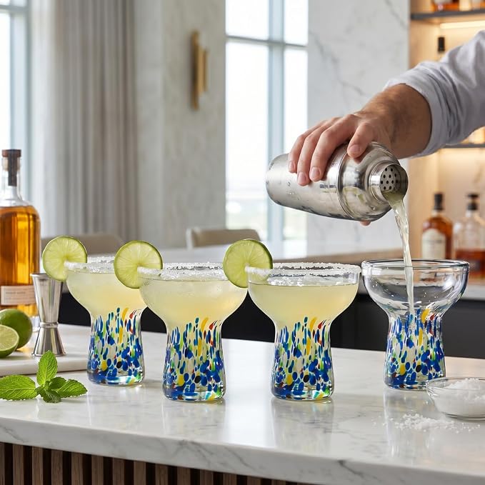 Stemless Margarita Glasses – Set of 4-6oz Luxury Hand Blown Confetti Margaritas, Martini, Cocktails, Water, Wine, Dessert & Champagne Glassware Cinco de Mayo, Hand Blown - Mexican Confetti Glass