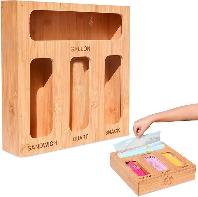 Earth’s Dreams Bamboo Kitchen Drawer Organizer – Resealable Food Storage Bag Holder for Gallon, Quart, Sandwich & Snack Sizes – Eco-Friendly Baggie Organizer for Plastic Storage Bags