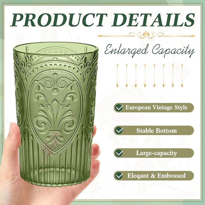 100 Pcs 16 oz Plastic Vintage Drinking Glasses Stemless Ribbed Highball Glasses Bulk Embossed Reusable Cup for Water Beer Cocktails Juice Wedding Bridal Shower Birthday Event Party (Green)