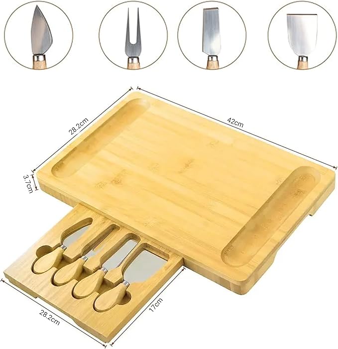 Bamboo Cheese Board and Knife Set – Wooden Serving Platter with Hidden Utensil Drawer – Charcuterie Board for Cheese, Meat, Fruits & Crackers – Elegant Serving Tray for Parties & Gifts