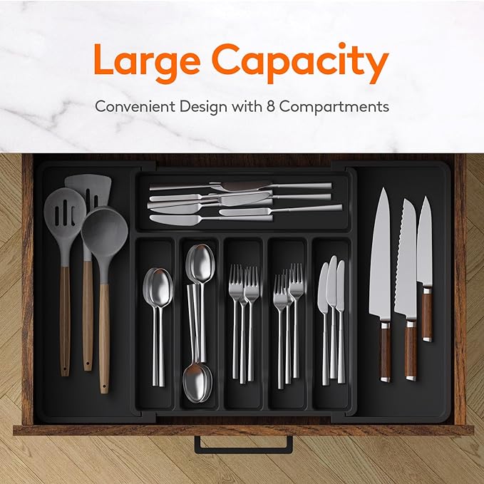 Lifewit Silverware Organizer with Lid, Covered Utensil Tray for Kitchen Drawer and Countertop, Lifewit Silverware Drawer Organizer, Expandable Utensil Tray for Kitchen, BPA Free Flatware and Cutlery H