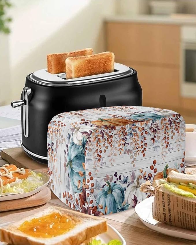 Orange Blue Pumpkins Fall Toaster Cover 4 Slice, Thanksgiving Eucalyptus Dustproof Bakeware Oven Protector with Top Hook, Gray Wooden Waterproof Small Kitchen Appliance Toasters Dust Cover, 12"x11"x8"