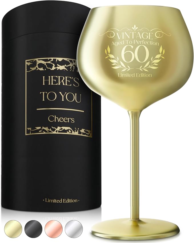 Gusto Nostro 60th Birthday Wine Glass - Happy 60th Birthday Gifts for Women/Men - Stainless Steel Wine Glass with Engraved Vintage Sixty Bday Quote, Luxury Box - Unique Gifts for 60 Year Old Woman,Man