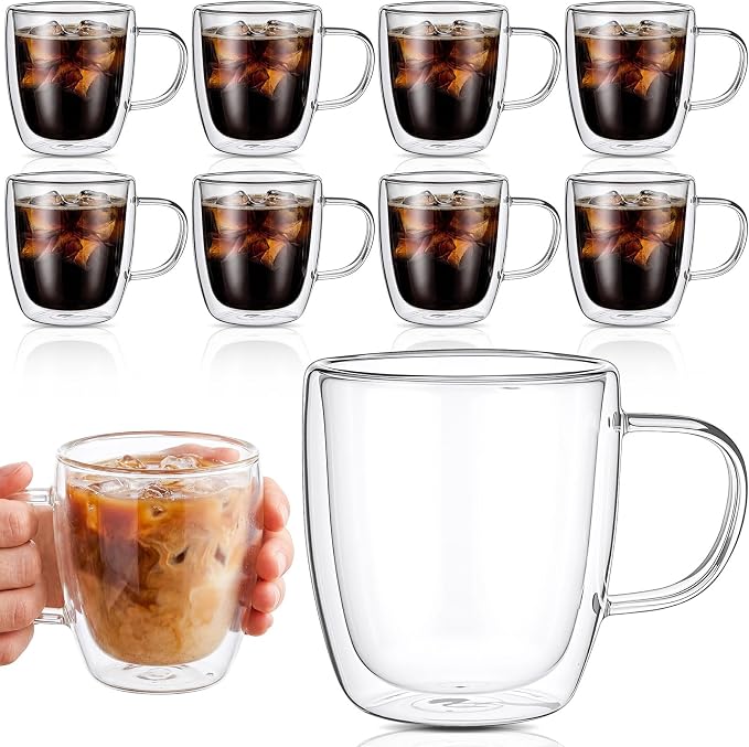 Patelai 8 Pcs 16oz Clear Glass Coffee Mugs Double Walled Coffee Cups Glasses Insulated Latte Mugs with Handle Espresso Clear Cups for Cappuccino Tea, Heat Resistant Glasses