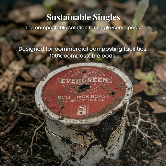 Evergreen Compostable Single Serve Coffee Pods - Dark Roast Bold Blend - 100% Arabica Beans (72 Count)