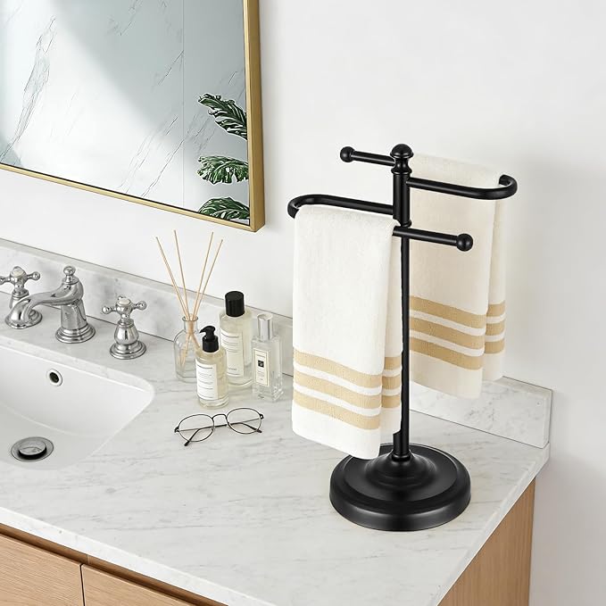 Hand Towel Stand,304 Stainless Steel Hand Towel Holder for Bathroom Kitchen Counter，14.5 Inch S-Shape Weighted Base Standing Hand Towel Rack Bar Holds 2 Towels (Black)