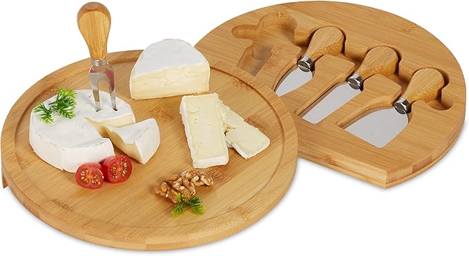 Relaxdays Cheese Board with Cheese Knife Set, HD 4 x 33 cm, Swivel Cheese Plate, 4 Piece Cheese Cutlery, Bamboo & Stainless Steel, Natural