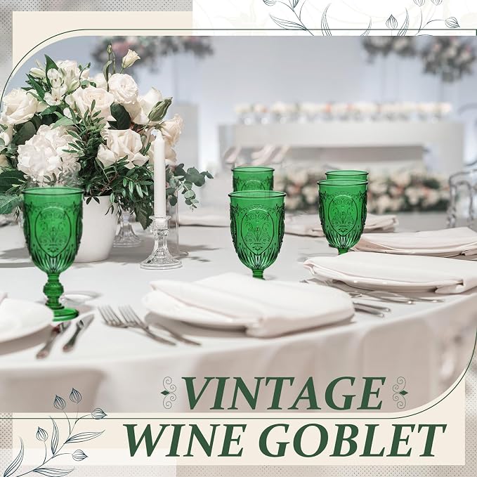 Wiwiqing 24 Pcs Plastic Goblets 7.5oz Vintage Goblet Plastic Wine Glasses Colored Retro Embossed Water Goblets for Wine Bar Juice Baby Shower Wedding Reception Grand Event Party (Dark Green)