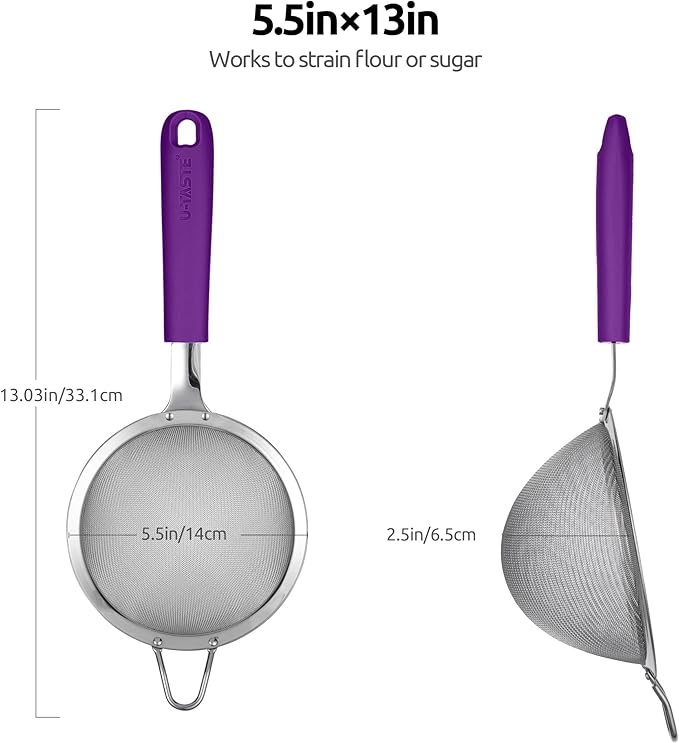 U-Taste 10 Piece Measuring Cups and Spoons Set in 18/8 Stainless Steel, and 18/8 Stainless Steel 5.5 inch 30 Mesh Strainer (Purple)