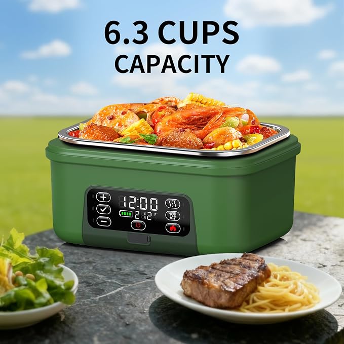 Cordless Electric Heated Lunch Box, 1.5L - 6.3 Cups 100W Rechargeable Smart Self-Heating Food Warmer with Removable Divider, Spoon, Fork, BPA Free, Portable Lunchbox for Car Travel Office Deep Green