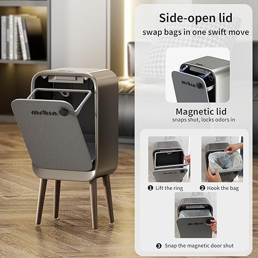 MRBIN Motion Sensor Trash Can Bathroom with Butterfly Lid and Leg, 5.5 Gal / 20 L Tall Automatic Touchless Electric Smart Waste Basket, Toilet Covered Garbage Dustbin for Bedroom, Eclipse Grey