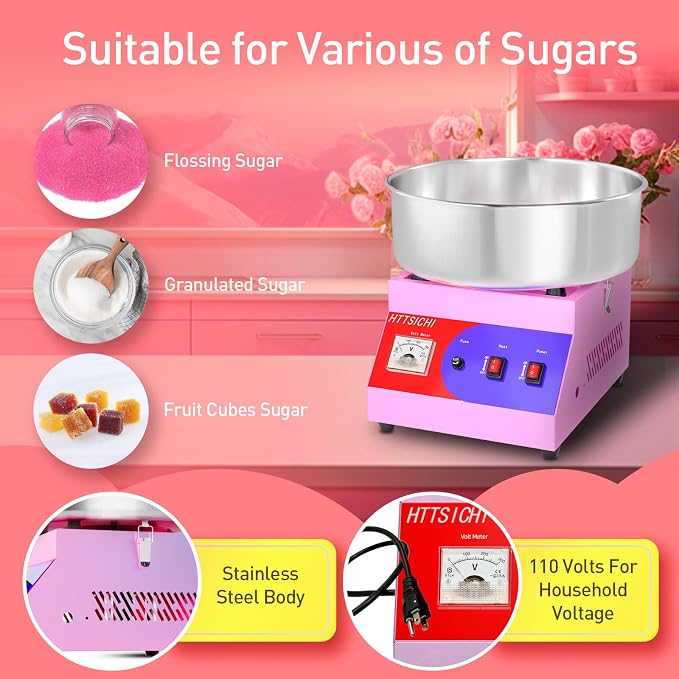 Cotton Candy Machine - Cotton Candy Machine Commercial w/ 15 inch Stainless Steel Bowl, Sugar Scoop, Cotton Candy Maker for Home, Party, 1000W Hard Candy Cotton Candy Maker for Birthday