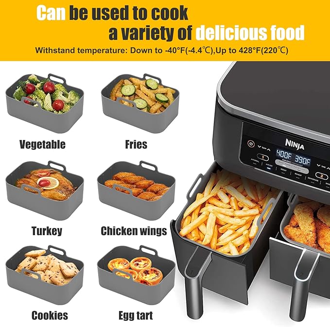 MMH 100Pcs Air Fryer Disposable Liners+ 2Pcs Silicone Liners Sets for Ninja DZ401/DZ550/SL401 10Qt, Rectangular Air Fryer Inserts Accessories for Cosori 9QT Dual Basket, Parchment Paper Liners