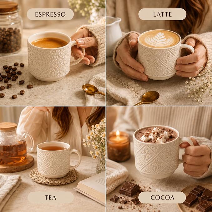 6 Oz Coffee Cups Set of 4, Espresso Cups with Stand, Stackable Cappuccino Mugs Set, Embossed Coffee Cup for Latte, Tea, Cocoa, Mocha, Housewarming Present, Dishwasher Safe