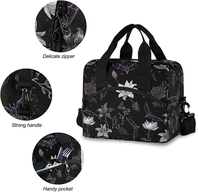 Insulated Lunch Bag Reusable Lunch Tote Bag Cooler Bag for Women Men Adult Lunch Box with Adjustable Shoulder Strap Leakproof Lunch Bag for Work Picnic Camping (Goth Bat Flower)