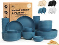 Wheat Straw Dinnerware Sets for 8, Unbreakable Bowl and Plate Set 40 Piece, Reusable Plastic Dish Sets for 8, Microwave and Dishwahser Safe Dining Set, Apartment and Kitchen Essentials - Blue
