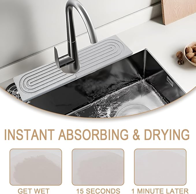 Jiozermi 23.6 Inch Diatomite Faucet Mat for Kitchen Sink, Diatomite Stone Sink Tray Faucet Sink Splash Guard Sink Faucet Absorbent Mat for Kitchen Bathroom Fucet Sink(23.6" x 3.9",Light Grey)