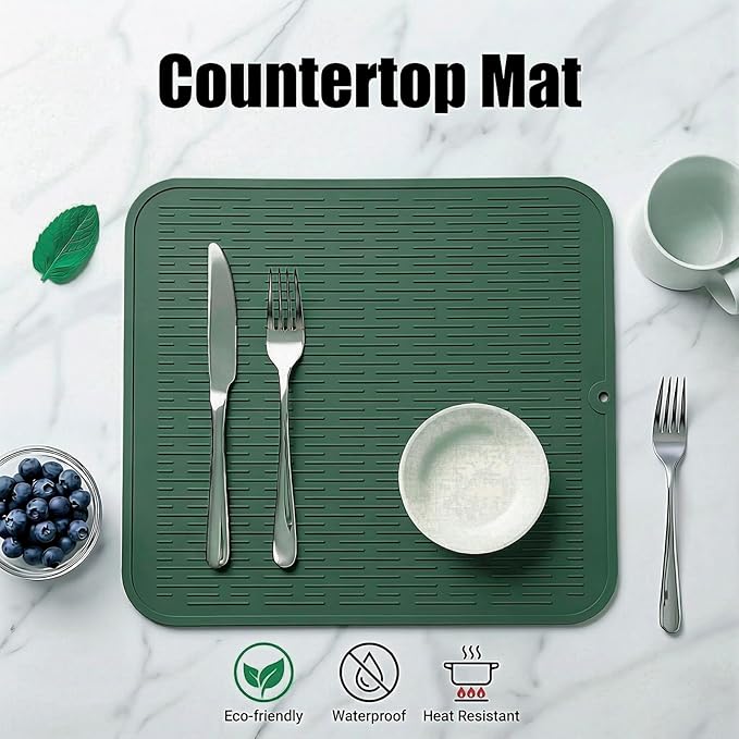 MicoYang Silicone Dish Drying Mat for Multiple Usage,Easy clean,Eco-friendly,Heat-resistant Silicone Mat for Kitchen Counter or Sink,Refrigerator or Drawer Liner Green XL 18 inches x 16 inches