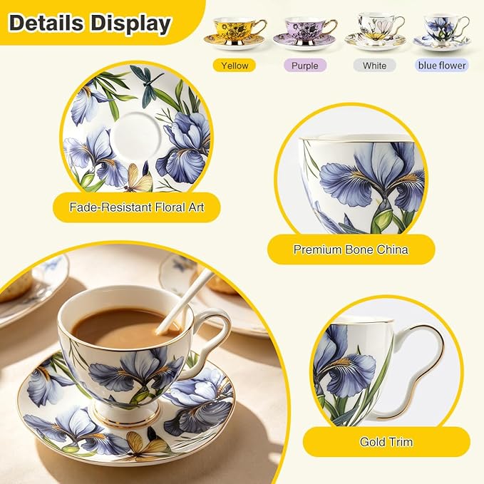 Bone China Tea Cup and Saucer Set with Spoon，Elegant Floral Tea Cup Set (7 oz)，British Coffee Latte Mug for Birthday Party Christmas gift for Friends