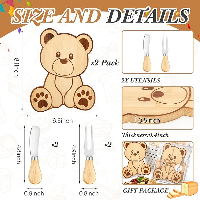 Ziliny 2 Set Baby Shower Prizes Bear Shaped Cheese Board with Cheese Knives and Forks Baby Shower Party Favors Gift Box for Wedding Bridal Birthday Gender Reveal Favor (Bamboo Color)
