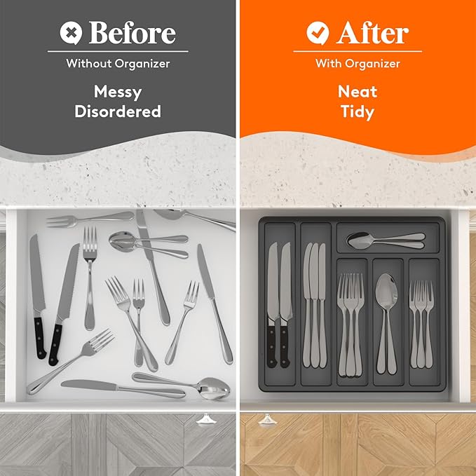 Lifewit Silverware Organizer with Lid, Covered Utensil Tray for Kitchen Drawer and Countertop, Lifewit Silverware Drawer Organizer, Expandable Utensil Tray for Kitchen, BPA Free Flatware and Cutlery H