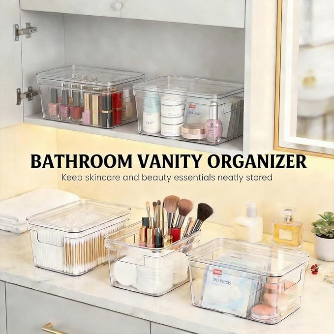 MOONEDGE Small Clear Plastic Storage Bins with Lids and Handles,Stackable Small Item Organizer Containers for Vanity,Craft,Office,Fridge,Kitchen,Pantry,Bathroom,Closet – 8 Pack (10×6×5 in)