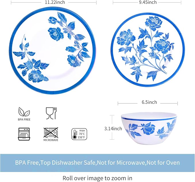 Melamine Dinnerware Set 12-Piece for 4 Dish Set Plates Bowls Unbreakable Dishware for Indoor Outdoor Use Lightweight Durable for Camping Picnics Parties light blue