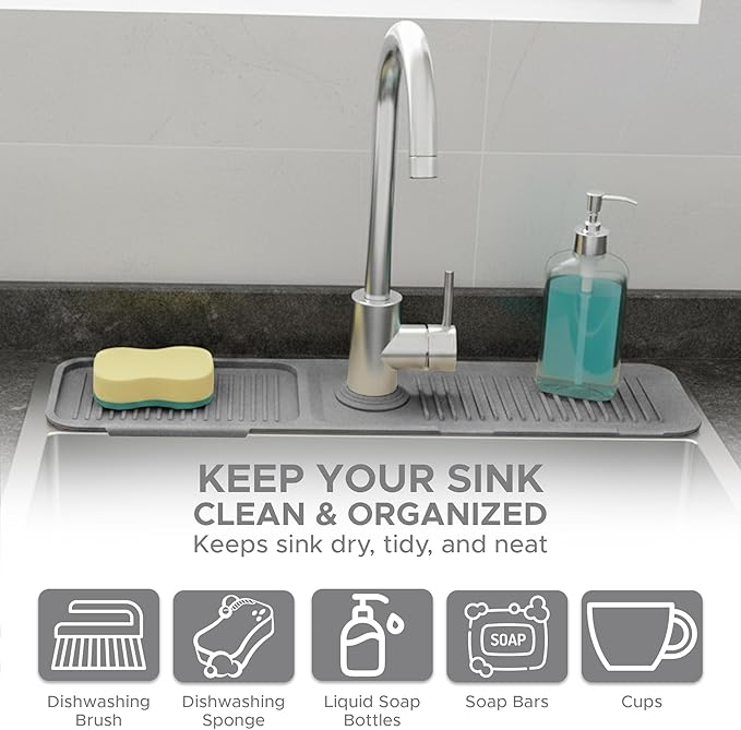 24 Inch Longer Faucet Mat for Kitchen Sink| 5° Slope Fast Self-Draining Sink Splash Guard | Multipurpose Faucet Mat Foldable Durable No Smell | Cut-to-Fit Opening Up to 2.6in | Nordic Grey