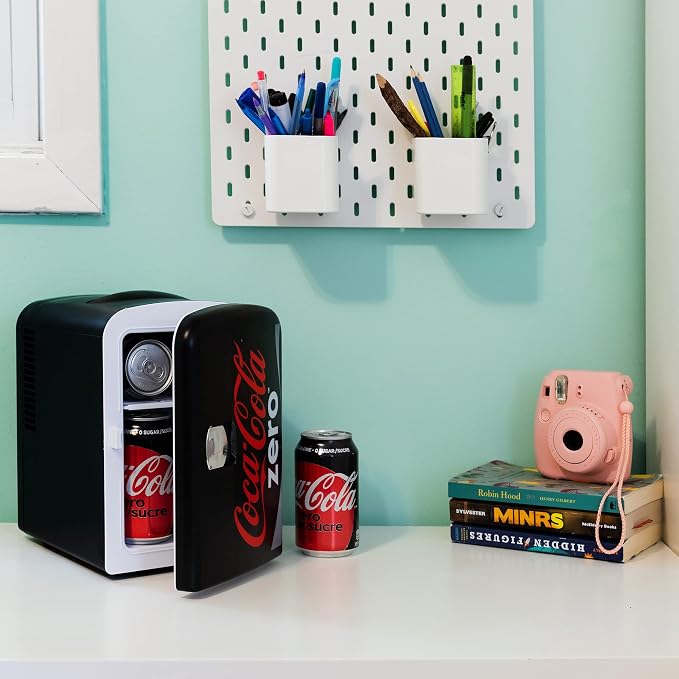 Coke Zero Mini Fridge - 6 Can Refrigerator for Bedroom Office, Portable Table Top Beverage Cooler, 12V 110V Refrigerador For Drinks, Soda, Wine Use In Car, Dorm, Outdoor, Patio