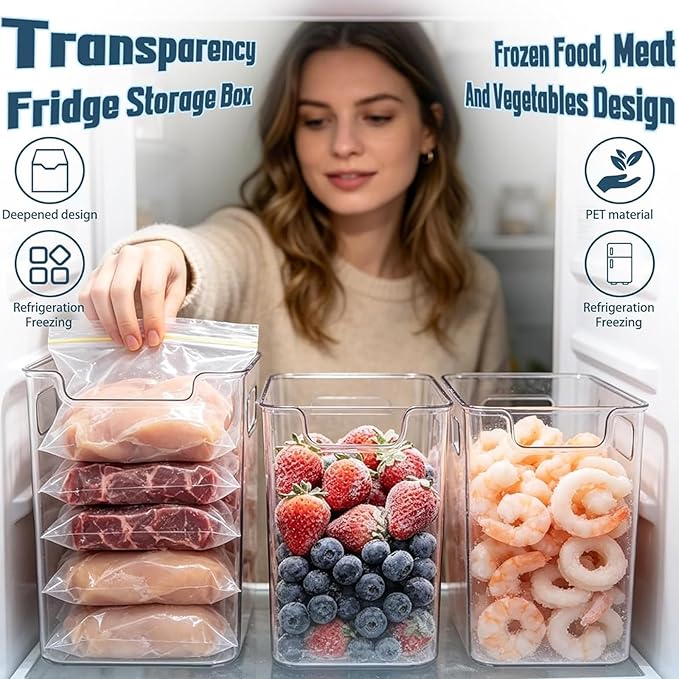 Clear Freezer Storage Bins, 4 Pack Clear Plastic Bins for Refrigerator and Pantry, Stackable Kitchen Cabinet Organizer with Handles for Kitchen, Office, Closet, Freezer organization (4*S)