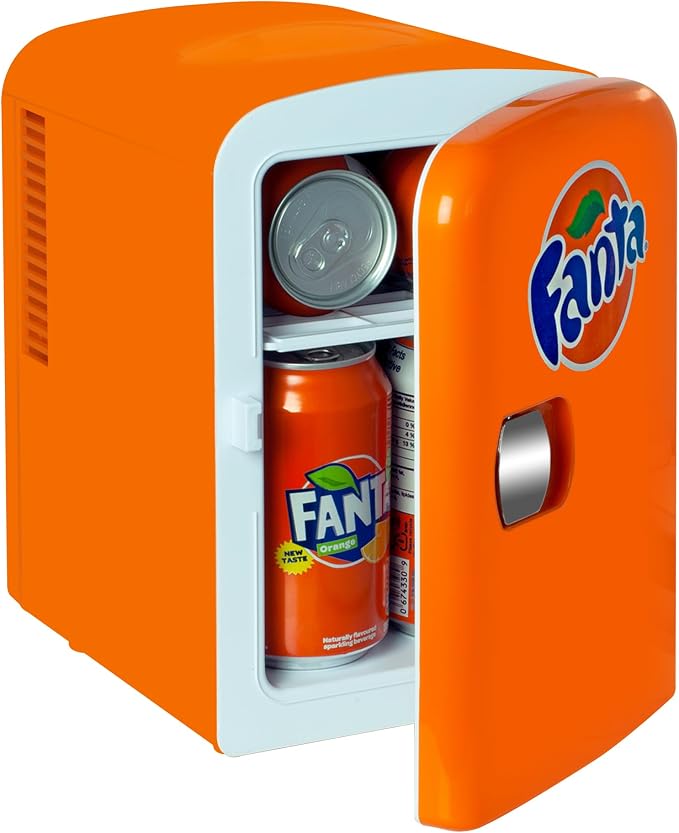 Fanta Mini Fridge - 6 Can Refrigerator for Bedroom Office, Portable Table Top Beverage Cooler, 12V 110V Refrigerador For Drinks, Soda, Wines, Use In Car, Dorm, Outdoor, Patio
