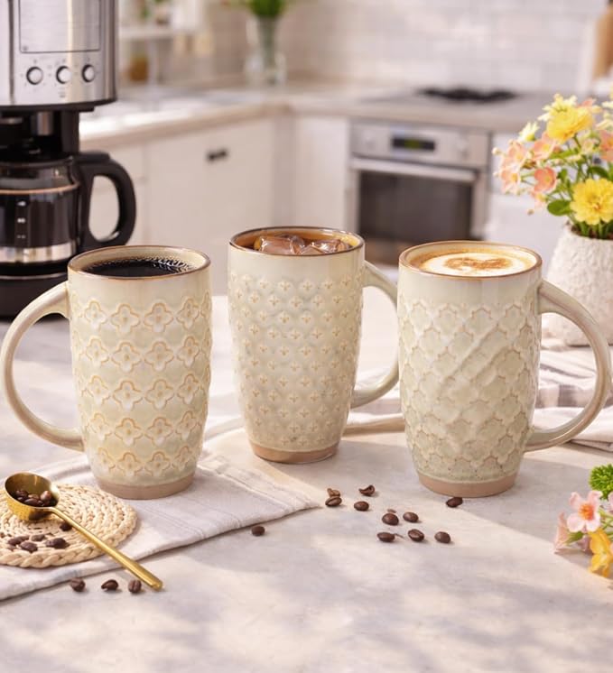 GBhome 20oz Large Coffee Mugs Set of 6, Handmade Tall Ceramic Coffee Mugs with Texture Patterns for Cappuccino, Latte,Hot Cocoa, Dishwasher & Microwave Safe-Pale Khaki
