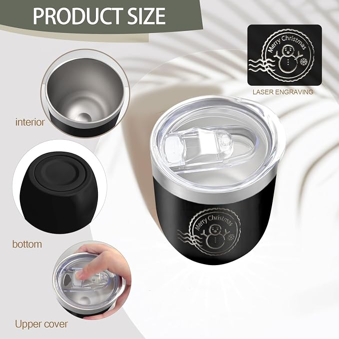 YOUKE OLA 18 Pack Stainless Steel Wine Tumbler with lid, 12oz Insulated Powder Coated Wine Tumbler Stemless Double Wall Vacuum Wine Glass Coffee Tumbler for Laser Engrave, Black