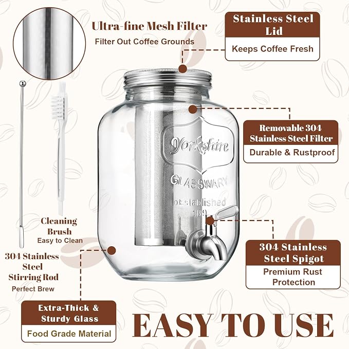 1 Gallon Cold Brew Coffee Maker with Stand, Heavy Duty Glass Iced Coffee Maker & Beverage Dispenser, Thick Iced Tea Pitcher for Fridge with 304 Stainless Steel Filter, Spigot & Lid