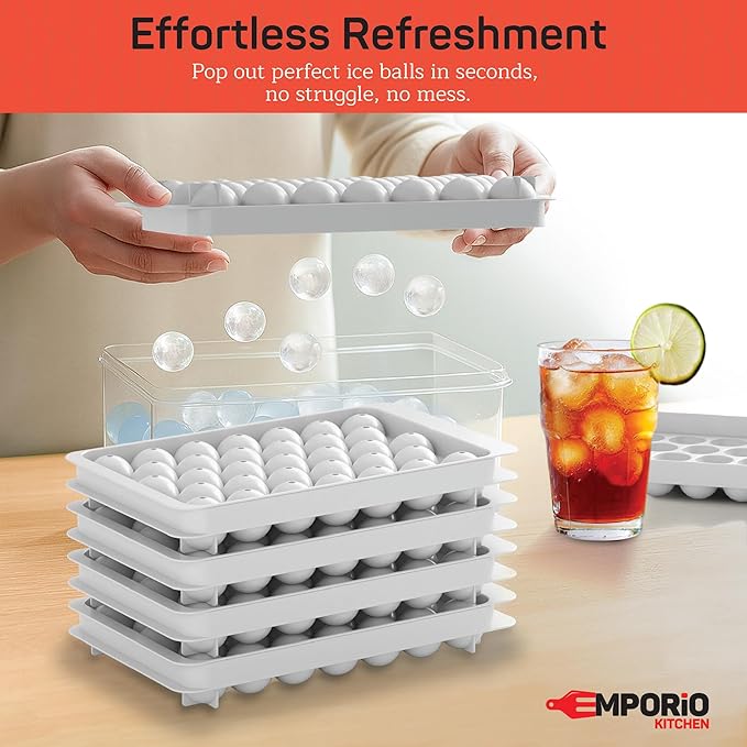 Emporio Kitchen Round Ice Cube Tray Set Pack of 1, BPA-Free Stackable Trays with Lid & Tongs, 33 Ice Balls Per Tray for Whiskey, Drinks, and Cocktails, Quick Release Round Ice Cube Mold, White