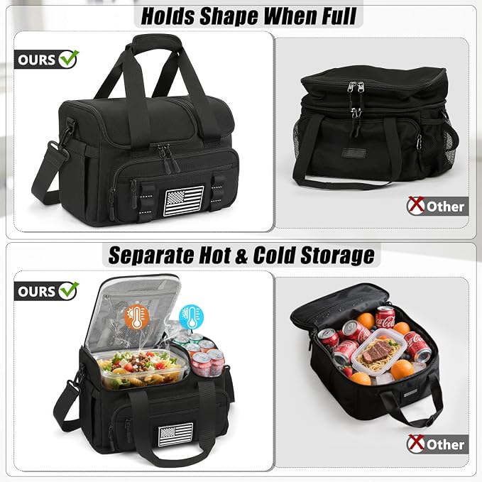 ETRONIK Tactical Lunch Box for Men, 20L Insulated Lunch Bag with Hot/Cold Compartments, Men's Lunch Box Fits 4 Meals + Snacks, Adult Lunch 8H Cooler Bags for Work, Hiking, Beach, Gym, Black