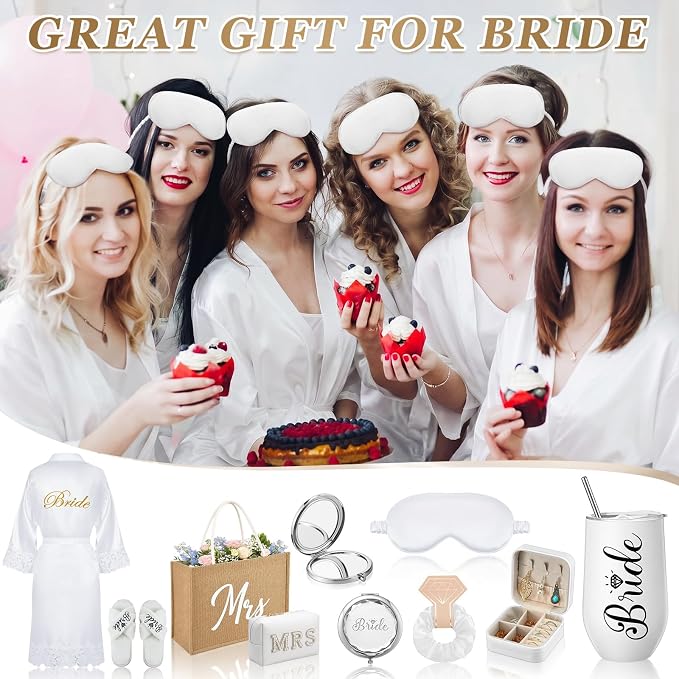 JaGely 9 Pcs Bride to Be Gifts Set Bridal Shower Bachelorette Wedding Gifts with Robe Slippers Tumbler Tote Bag & Bridal Kit