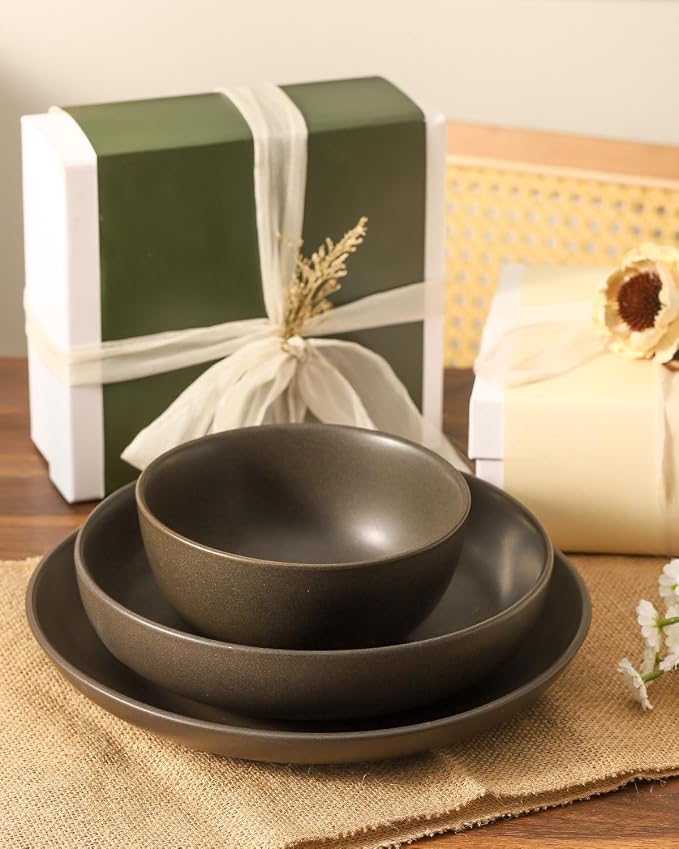 3 Piece Dinnerware Set, Stoneware Plate and Bowl Set, Ceramic Serveware Set, Scratch Resistant, Dishwasher & Microwave Safe, Matte Black