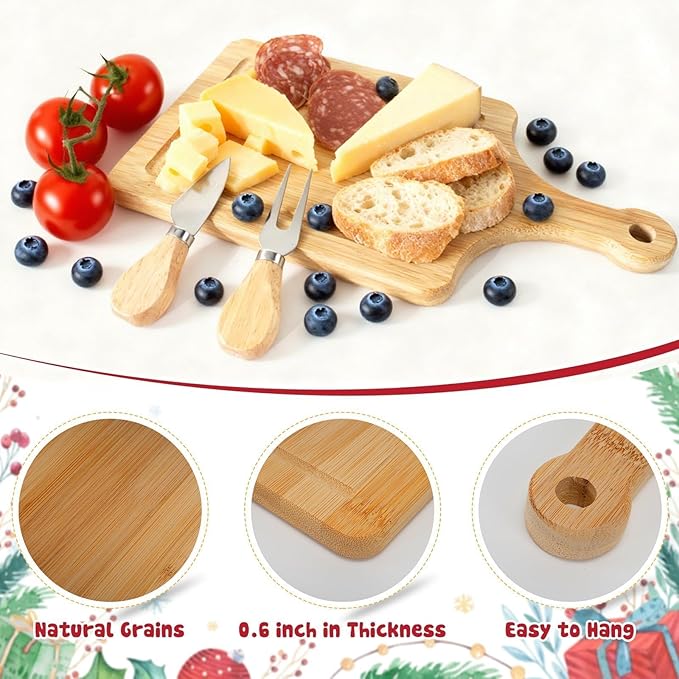 6 Set Christmas Cutting Board Gift Bulk Wooden Cheese Charcuterie Board Gift Set with Knives Forks Red Berry Towels Gift Bags Kitchen Housewarming Gifts for Neighbor Guest Xmas Holiday Party Decor
