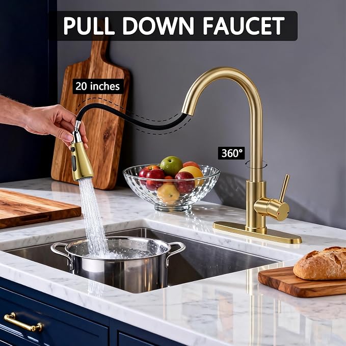 FEELSO Kitchen Faucets with Pull Down Sprayer, High Arc Single Handle Kitchen Sink Faucet, 1 or 3 Hole Brushed Nickel Water Faucets for Farmhouse Laundry Camper Rv Bar (Gold)
