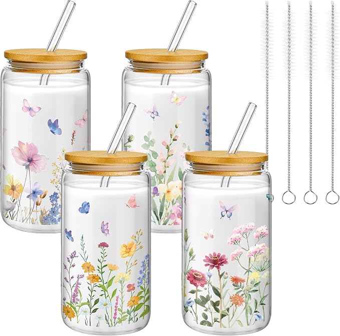 Mumufy 4 Pack Wildflower Glass Cups Gift Aesthetic Cute Glass Cup Tumbler Flower Iced Coffee Mugs 16 oz with Bamboo Lid & Straw, for Wedding Birthday Bridesmaid Mom Baby Shower