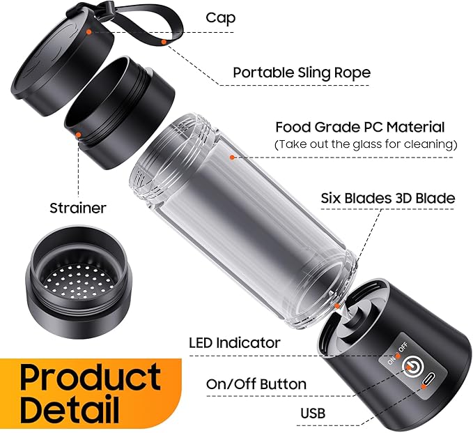Portable Blender for Shakes and Smoothies - Newly Upgraded 13 Oz Mini Blender with 6 Blades, USB & Type-C Rechargeable, Suit for Making Fresh Juice, Convenient for Travel Sports