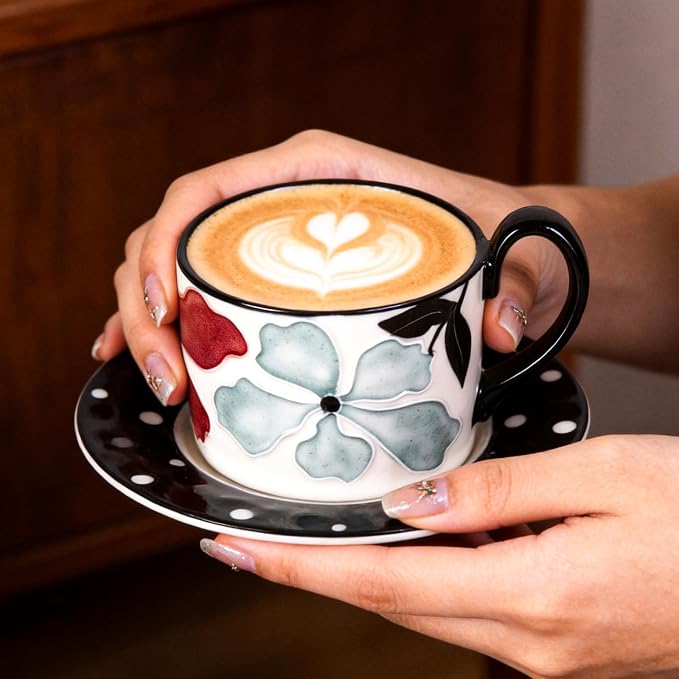 KAMMAK Tea Cups and Saucers Set of 2, Porcelain Coffee Cups, 8.5-Ounce Stackable Espresso Mugs, Ceramic Demitasse for Coffee, Latte, Americano, GX21