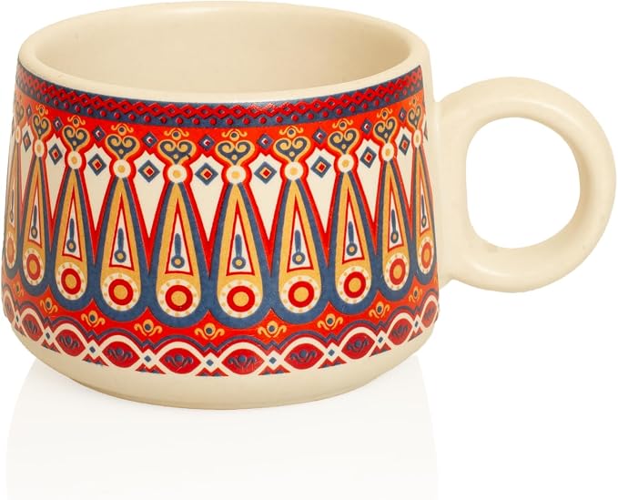 Handcrafted Set of 6 Ceramic Tea Cups 150 ML Elegant Porcelain Breakfast Coffee Mugs Boho Style For Cortado Cappuccino Espresso Kulhad Chai Microwave & Dishwasher Red Food Safe For Home Office Kitchen