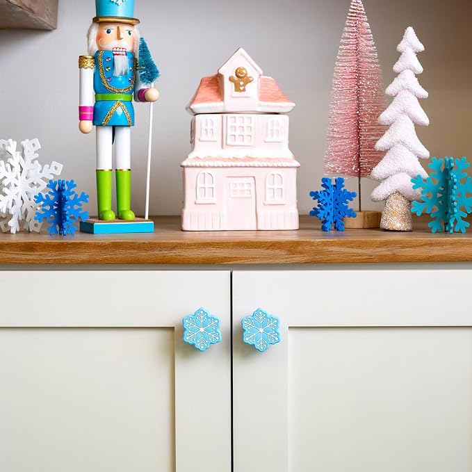 Knobēz: Decorative Knob Covers - Snowflake - 12pk, Blue - Stretch Over Hardware Decorations, Holiday-Winter-Christmas, Kitchen-Bathroom-Dressers-Home