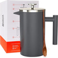 Barista Warrior French Press Coffee Maker - Double-Wall Stainless Steel Insulated French Press with Built-In Thermometer, Dual Filters Coffee Maker with Wooden Spoon - Grey