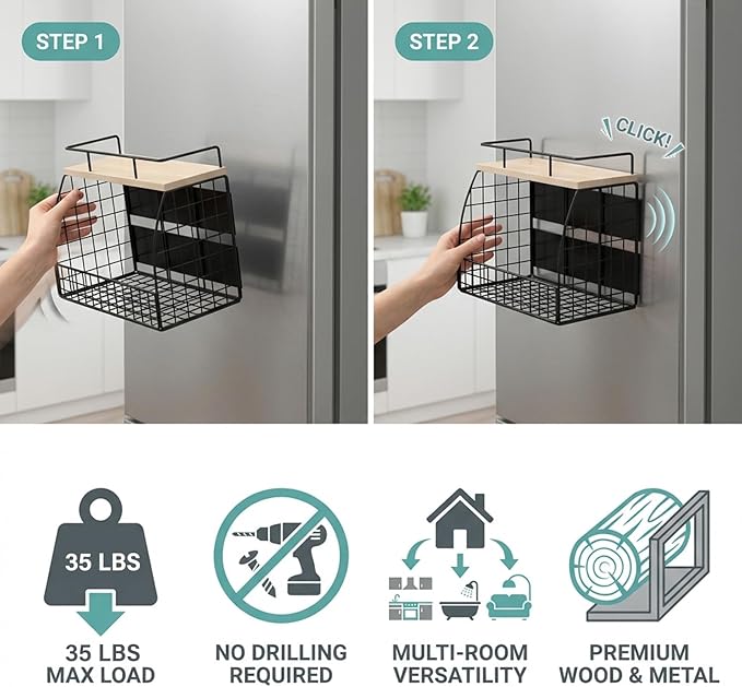 REFGY Magnetic Shelf for Fridge - 35LBS Max Load Magnetic Basket for Refrigerator Side, Large Magnetic Spice Rack with Removable Hooks & Top Natural Texture Board.