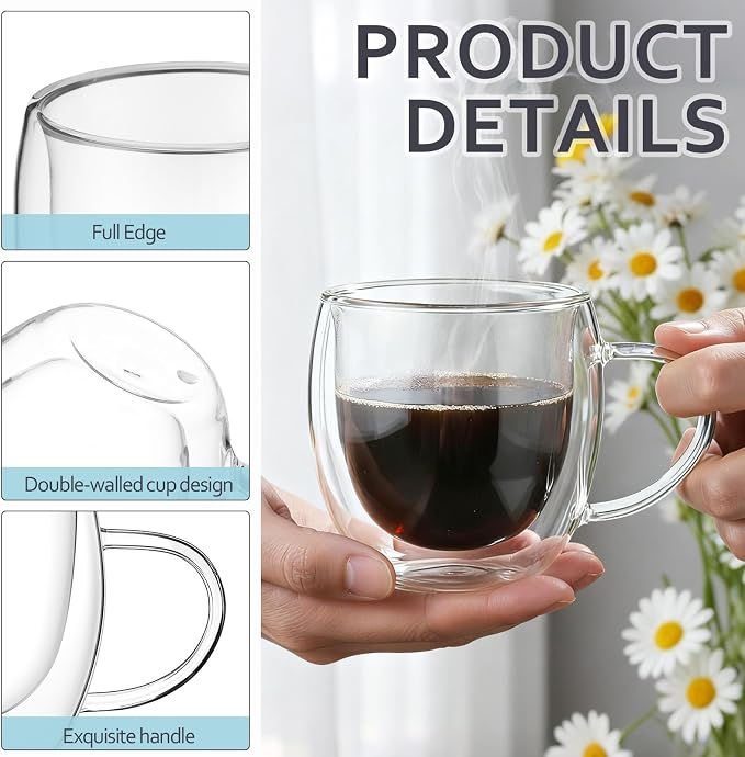 Didaey 16 Pack 8 oz Glass Coffee Mugs Clear Insulated Glass Espresso Coffee Cups with Handle Cafe Mugs Set Borosilicate Glassware Cups for Tea Latte Hot Iced Beverages