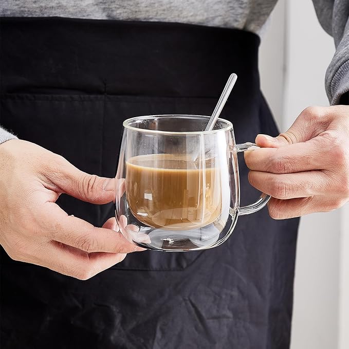 Double Wall Insulated Latte Glasses 10oz with Handle - Set of 1, Clear Glass Mugs for Cappuccino, Espresso, Tea & Hot Drinks