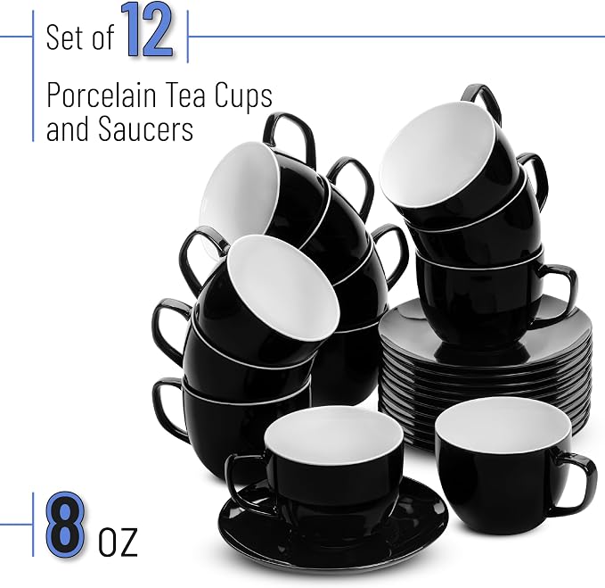 BTaT- Cappuccino Cups with Saucers 8 oz, Set of 12, Black Porcelain Coffee Cup and Saucer Set for Latte, Mocha, Tea, Au Lait, Flat White, Dishwasher, Microwave, Freezer and Oven Safe